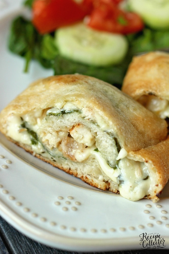 Garlic Cream Chicken Calzone - Pizza dough stuffed and rolled up with grilled chicken, spinach, jack cheese, and a garlic cream sauce.