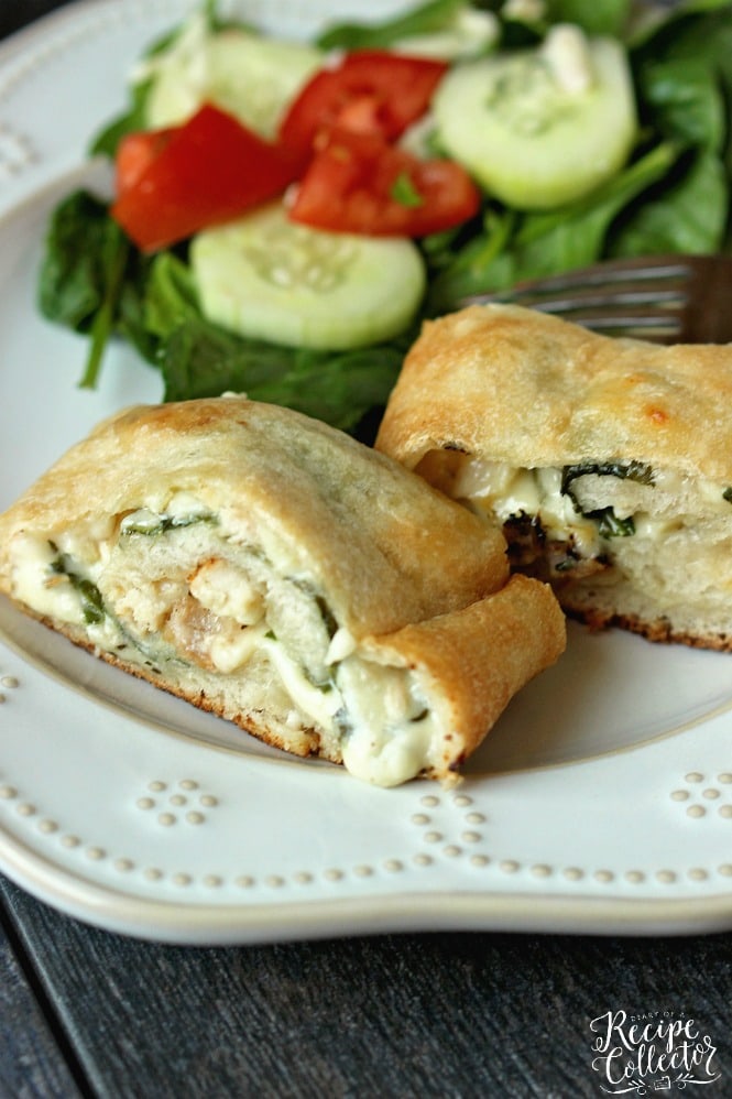 Garlic Cream Chicken Calzone - Pizza dough stuffed and rolled up with grilled chicken, spinach, jack cheese, and a garlic cream sauce.