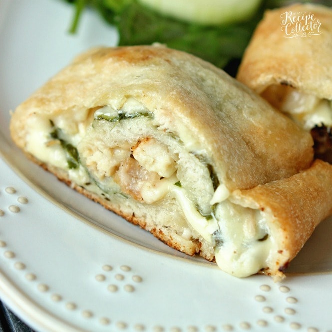 Garlic Cream Chicken Calzone - Pizza dough stuffed and rolled up with grilled chicken, spinach, jack cheese, and a garlic cream sauce.