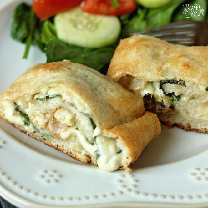 Garlic Cream Chicken Calzone - Pizza dough stuffed and rolled up with grilled chicken, spinach, jack cheese, and a garlic cream sauce.