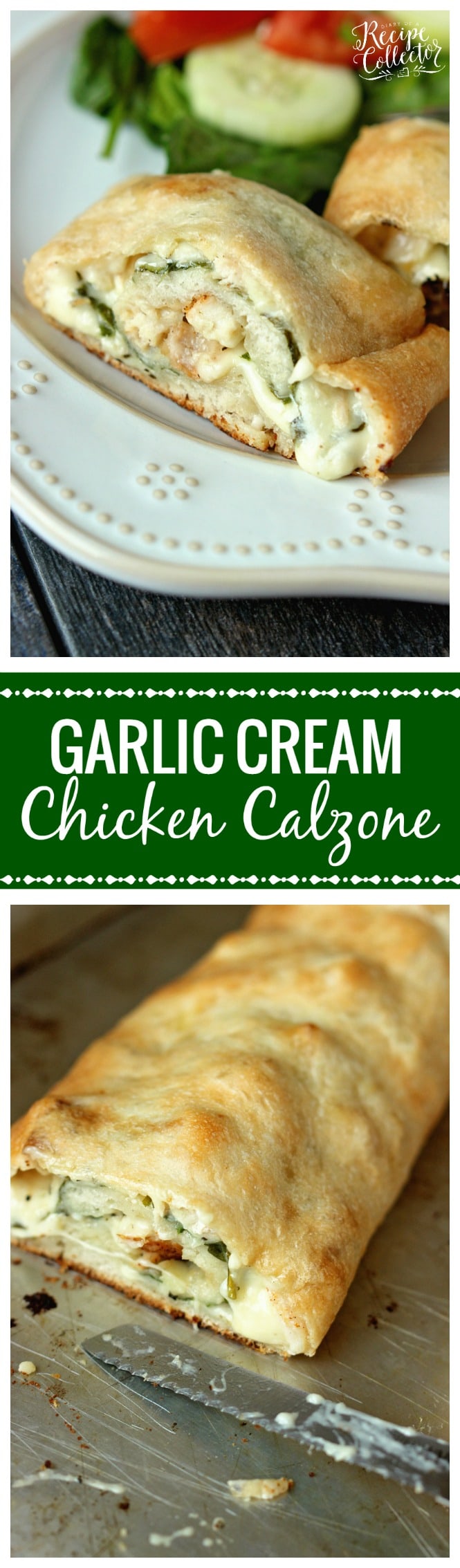 Garlic Cream Chicken Calzone - Pizza dough stuffed and rolled up with grilled chicken, spinach, jack cheese, and a garlic cream sauce.