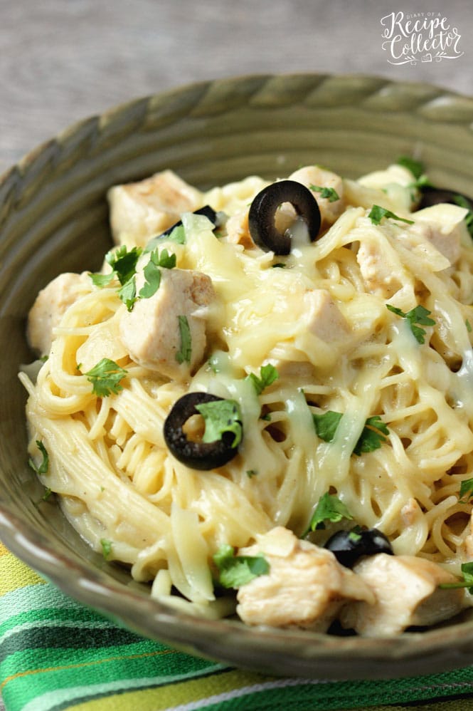 White Chicken Enchilada Pasta - A delicious pasta filled with all the wonderful flavor of white chicken enchiladas with the help of green chilies, a little sour cream, and melted jack cheese.