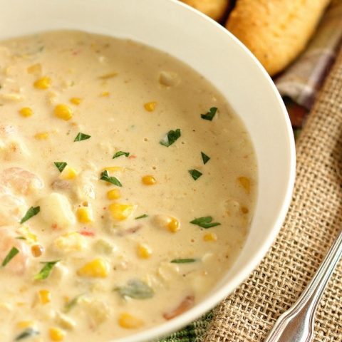Creamy Shrimp & Corn Soup - A creamy Cajun-flavored soup filled with shrimp, corn, and potatoes and ready in about 30 minutes. It's a great soup for company too!