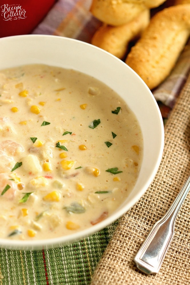 Creamy Shrimp & Corn Soup - A creamy Cajun-flavored soup filled with shrimp, corn, and potatoes and ready in about 30 minutes. It's a great soup for company too!