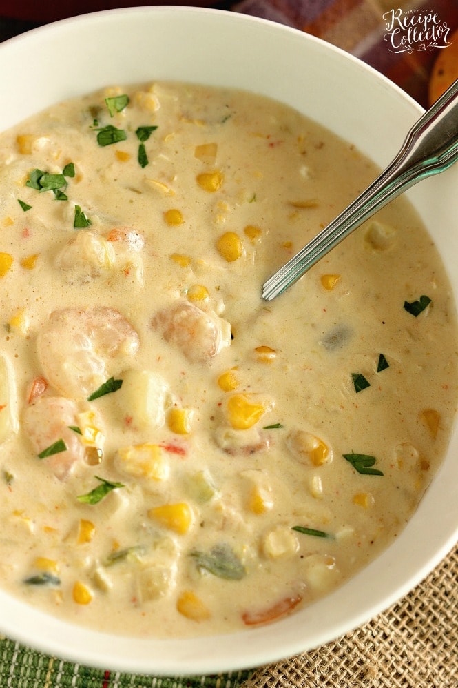 Creamy Shrimp & Corn Soup - A creamy Cajun-flavored soup filled with shrimp, corn, and potatoes and ready in about 30 minutes. It's a great soup for company too!