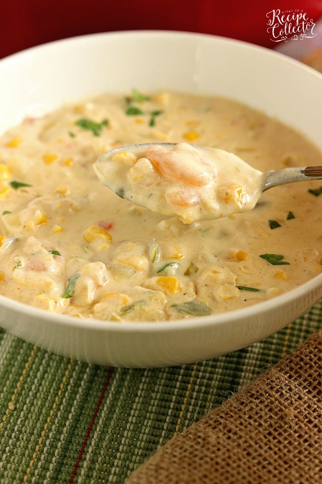 Creamy Shrimp & Corn Soup - A creamy Cajun-flavored soup filled with shrimp, corn, and potatoes and ready in about 30 minutes. It's a great soup for company too!