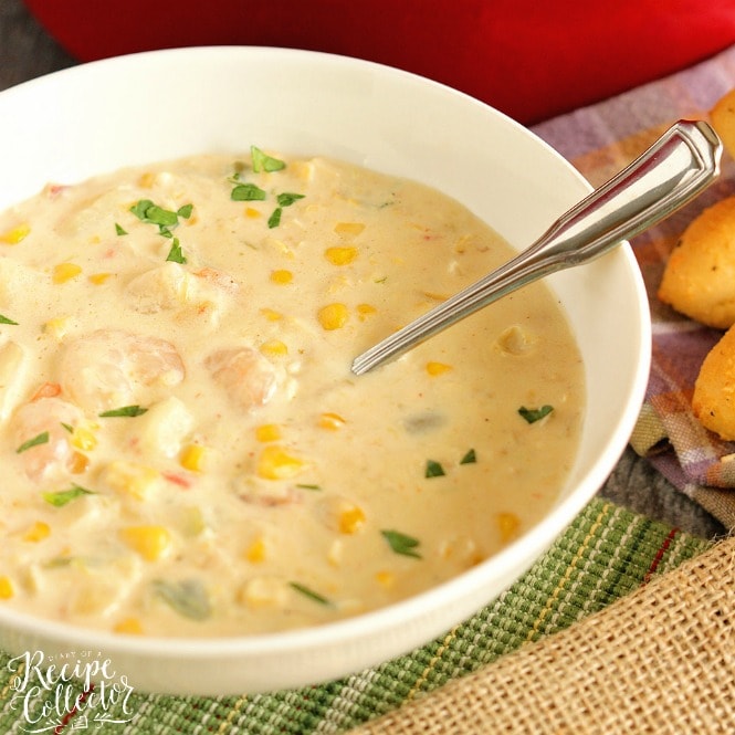 Creamy Shrimp & Corn Soup - A creamy Cajun-flavored soup filled with shrimp, corn, and potatoes. It's a great soup for company too!