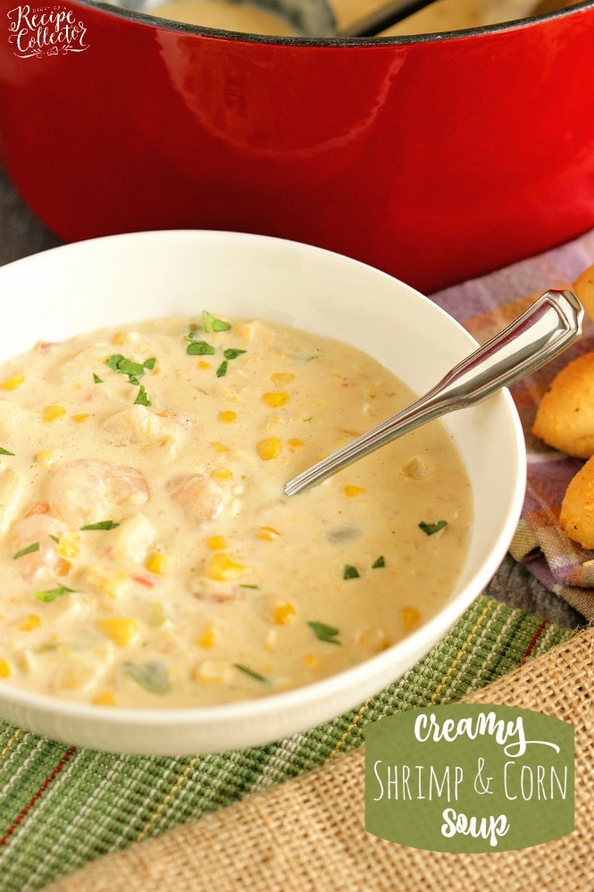 Creamy Shrimp & Corn Soup - A creamy Cajun-flavored soup filled with shrimp, corn, and potatoes and ready in about 30 minutes. It's a great soup for company too!