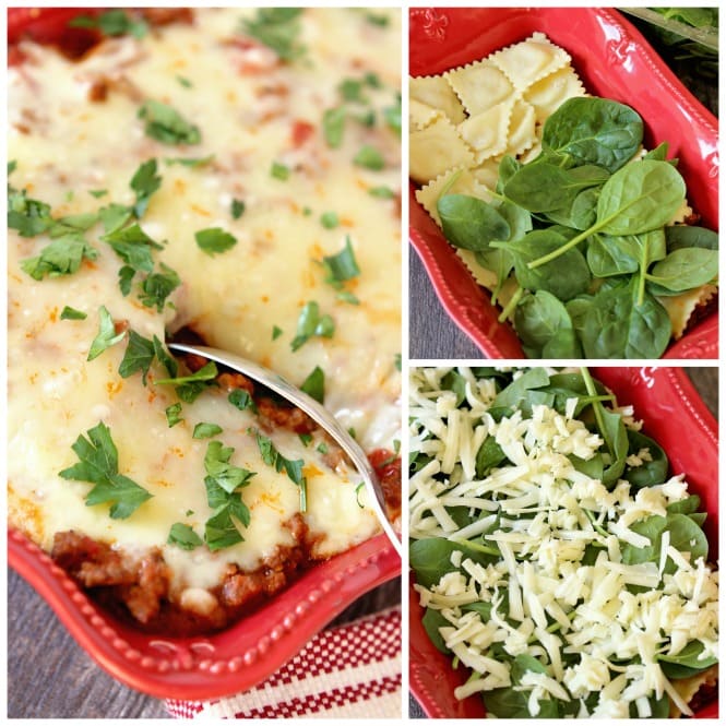 Italian Ravioli Pasta Bake - Layers of meat sauce, cheese ravioli, spinach, and cheese baked up to perfection.