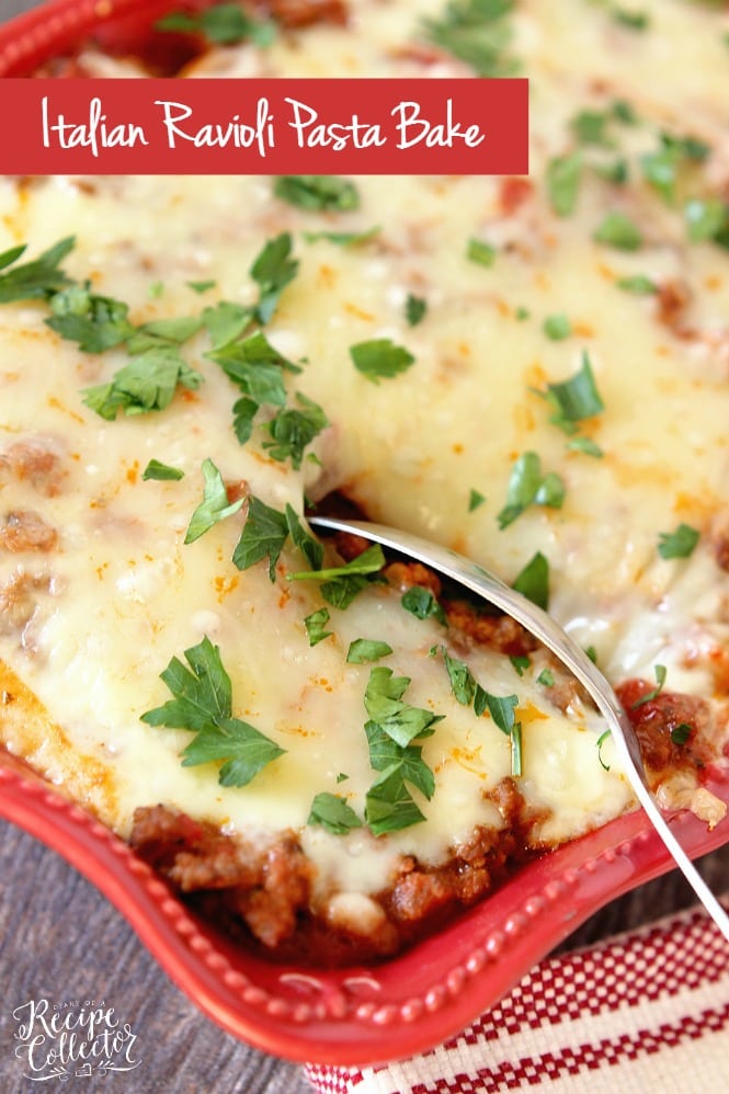 Italian Ravioli Pasta Bake - Layers of meat sauce, cheese ravioli, spinach, and cheese baked up to perfection.