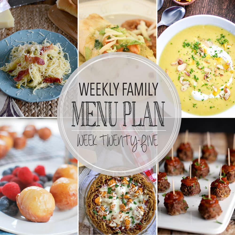 Weekly Family Meal Plan - Includes five weeknight meals, a breakfast, and a dessert idea!!