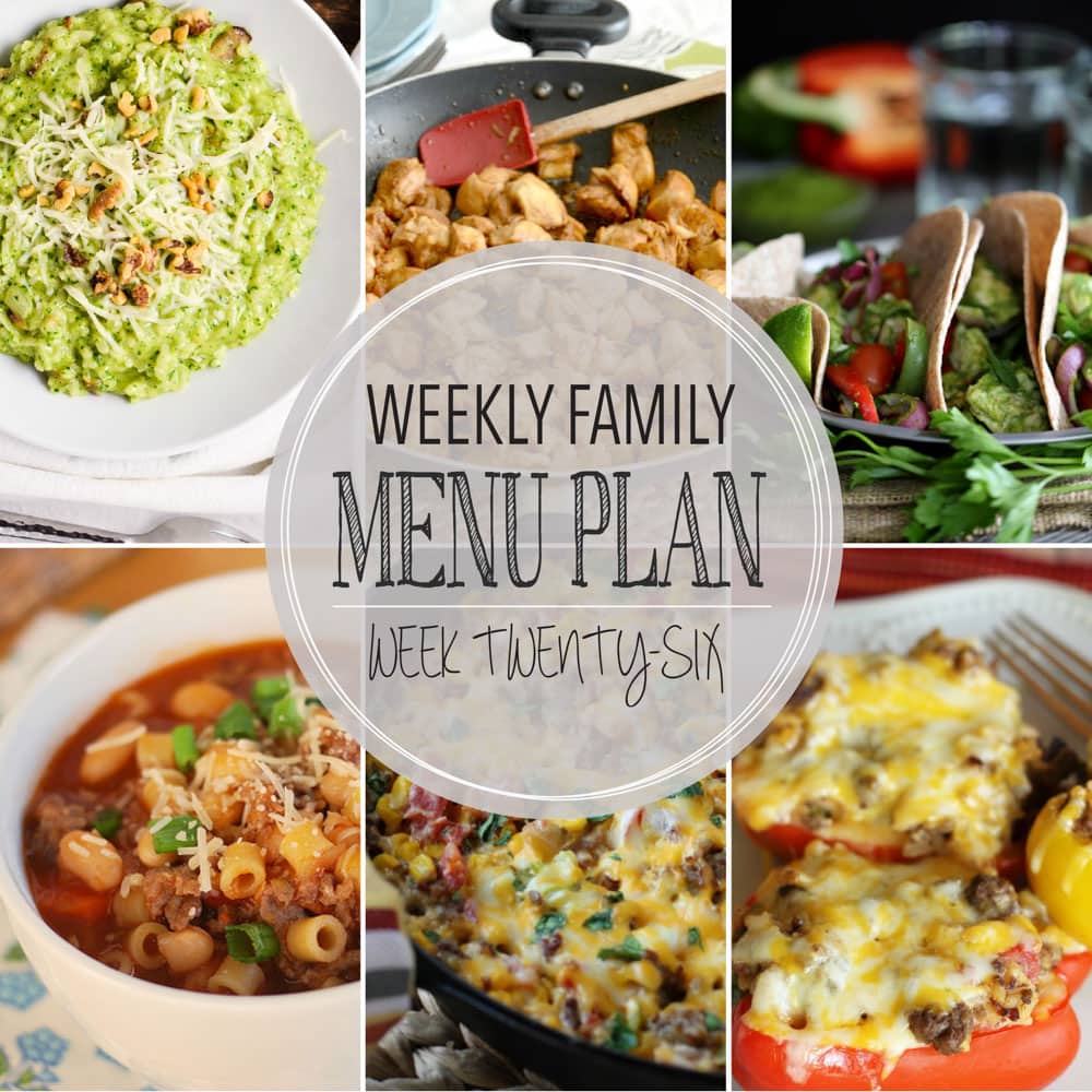 Weekly Family Meal Plan - Includes five weeknight meals, a soup, a breakfast, a dessert, and a snack idea!!