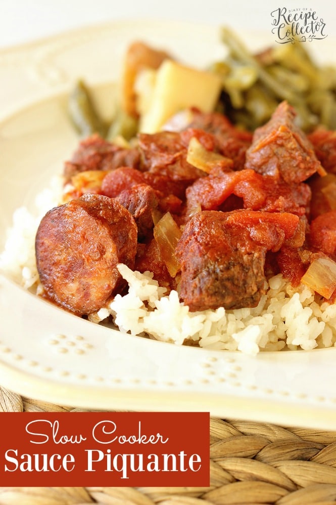 Slow Cooker Sauce Piquante - An easy and delicious slow cooker recipe filled with tomatoes, smoked pork sausage, and beef stew meat. Perfect served over rice!