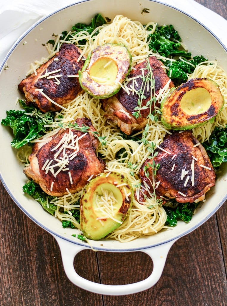 Weekly Family Meal Plan - Spicy Chicken Thighs with Seared Avocados in Pillsbury Butter Sauce