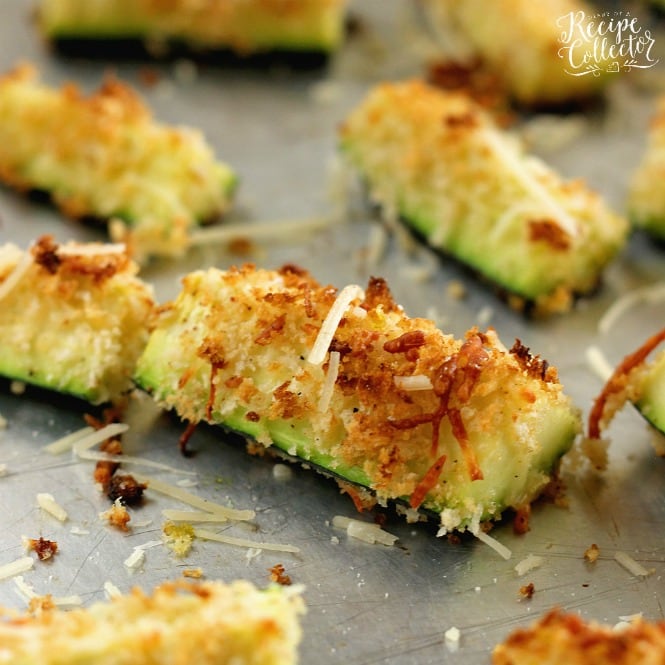 Parmesan Crusted Zucchini Oven Fries - Sliced zucchini coated with panko breadcrumbs and shredded Parmesan roasted in the oven.  It makes a perfect healthy side dish.