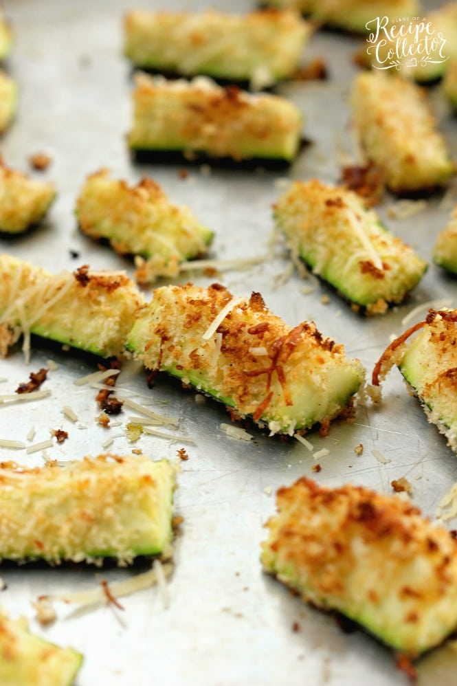 Parmesan Crusted Zucchini Oven Fries - Sliced zucchini coated with panko breadcrumbs and shredded Parmesan roasted in the oven. It makes a perfect healthy side dish. 