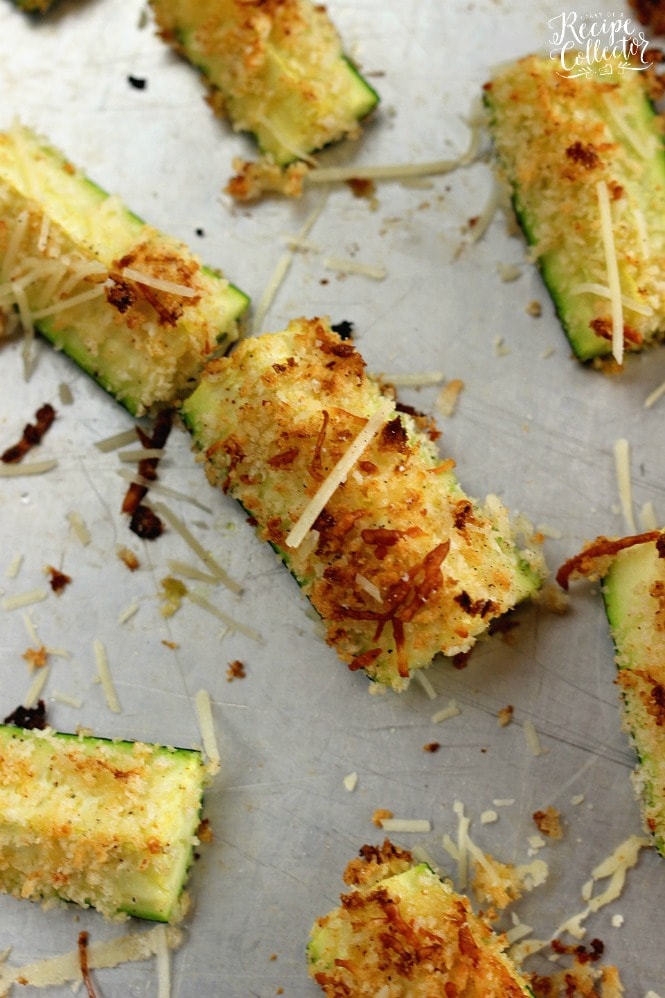 Parmesan Crusted Zucchini Oven Fries - Sliced zucchini coated with panko breadcrumbs and shredded Parmesan roasted in the oven. It makes a perfect healthy side dish. 