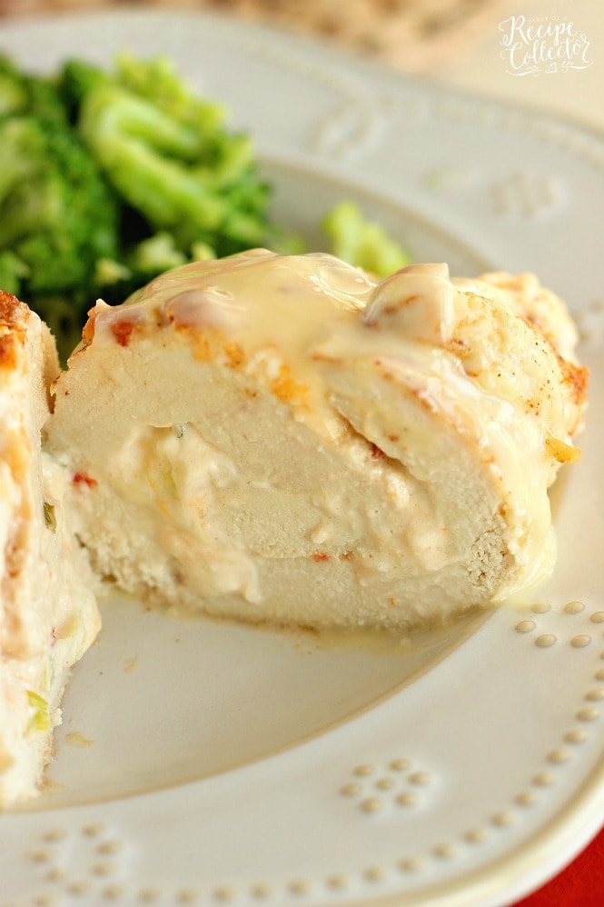 Stuffed Cream Cheese Chicken - Chicken breasts filled and rolled up with a delicious cream cheese spread and baked in the oven. They are such a nice change from the usual chicken dinner!