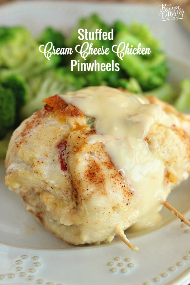 Stuffed Cream Cheese Chicken - Chicken breasts filled and rolled up with a delicious cream cheese spread and baked in the oven. They are such a nice change from the usual chicken dinner!