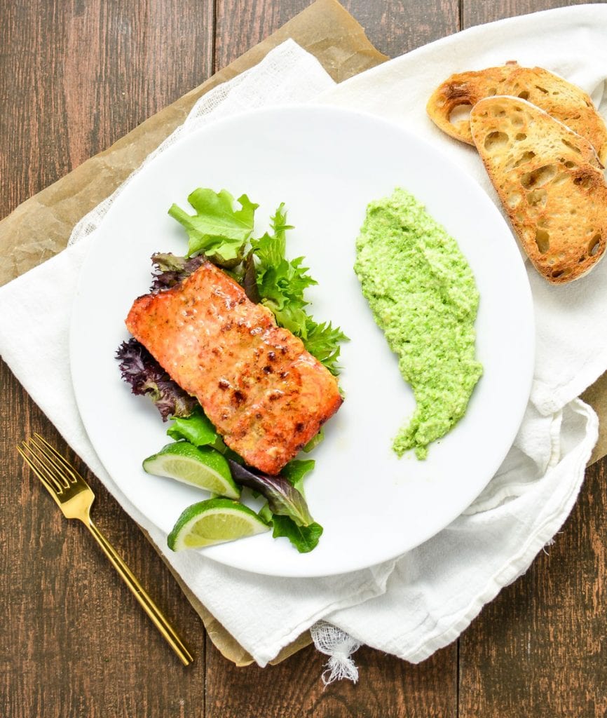 Weekly Family Meal Plan - Oven Roasted Salmon with a Spring Pea Parmesan Puree