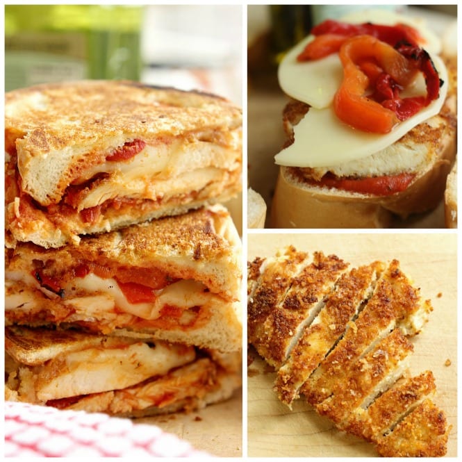 Chicken Parmesan Panini - Grilled sandwiches filled with crispy, breaded chicken breasts topped with marinara sauce, provolone, and roasted red bell peppers.