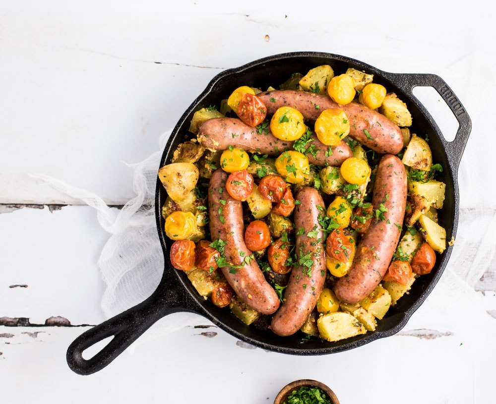 One Pan Roasted Chicken Sausage & Mustard Potatoes