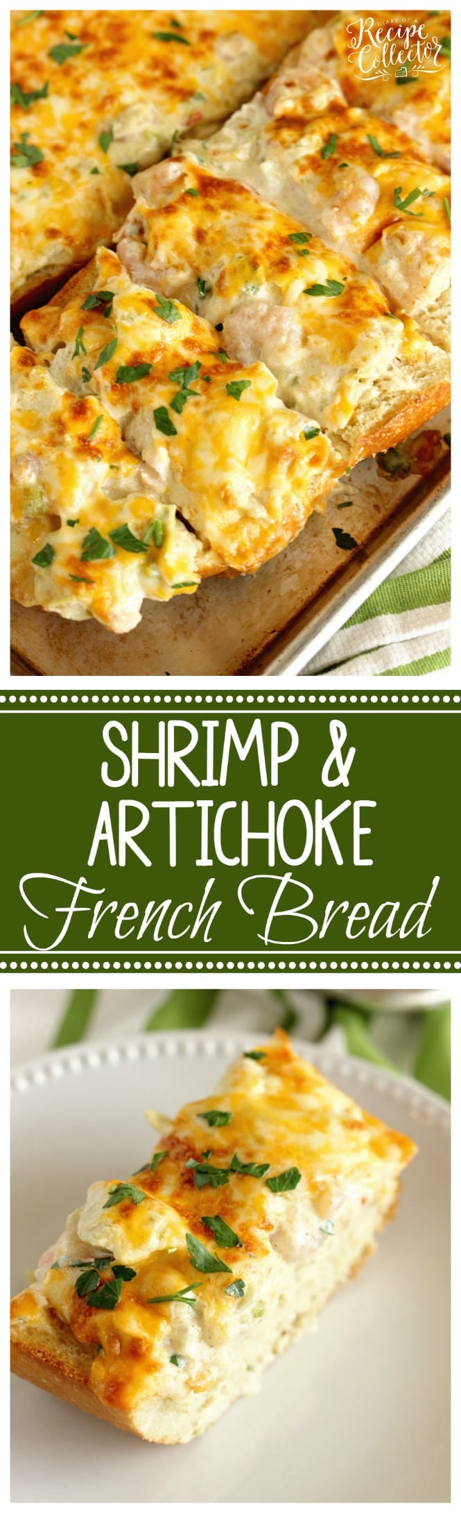 Shrimp & Artichoke French Bread - A perfect appetizer made with a cheesy, creamy topping filled with shrimp and artichokes!
