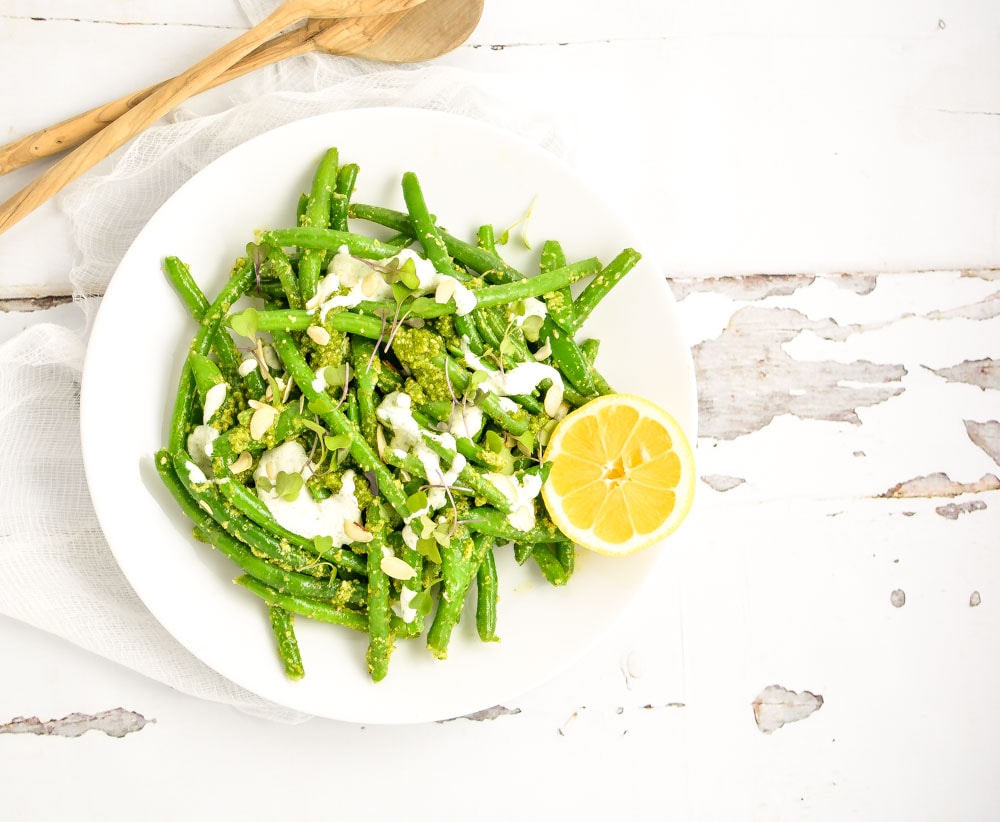 Weekly Family Meal Plan -Snap Pea and Green Bean Salad with Arugula Pesto