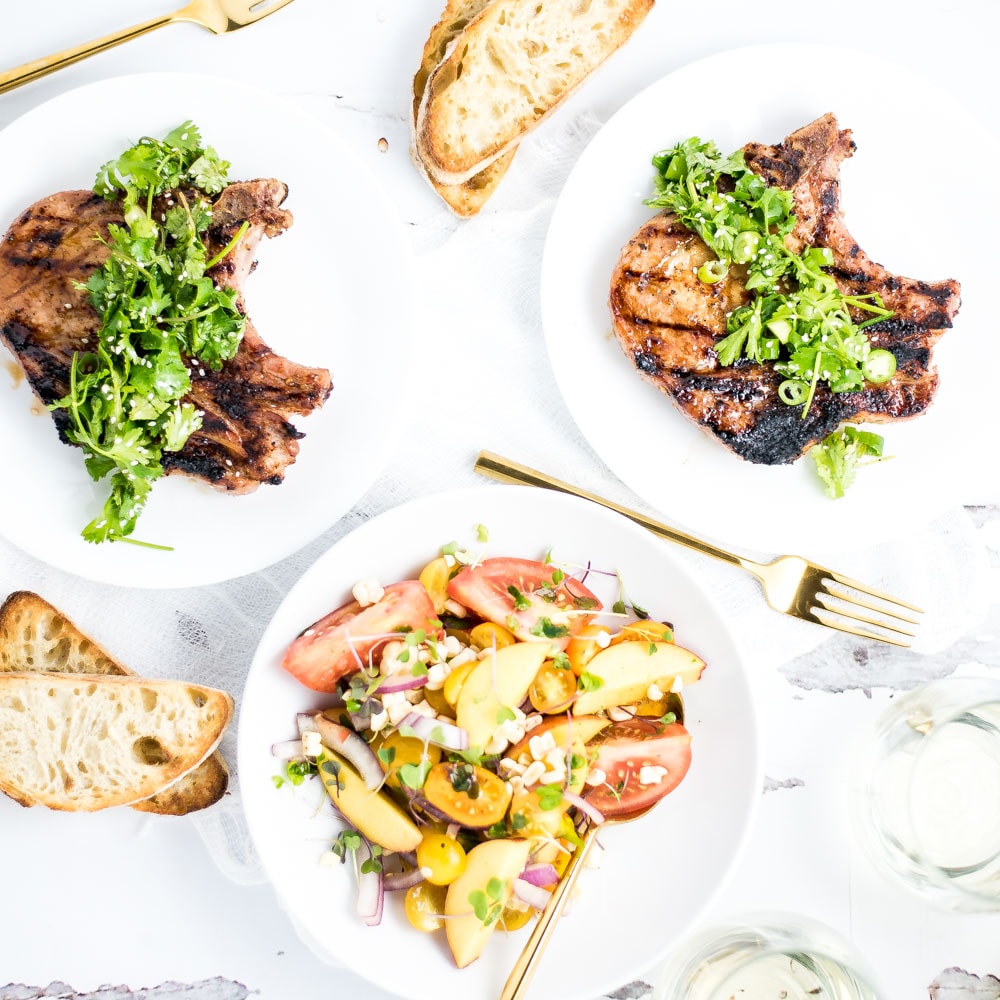 Weekly Family Meal Plan - Grilled Pork Chops with Tomato & Peach Salad