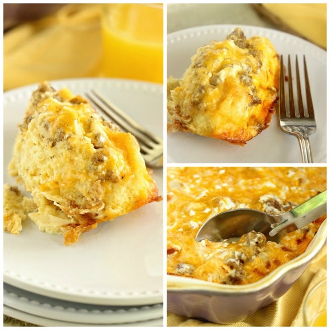 This Sour Cream Breakfast Casserole is one of the BEST yet! It is filled with layers of challah bread, breakfast sausage, eggs, sour cream, and cheese, and it is a perfect make-ahead idea!