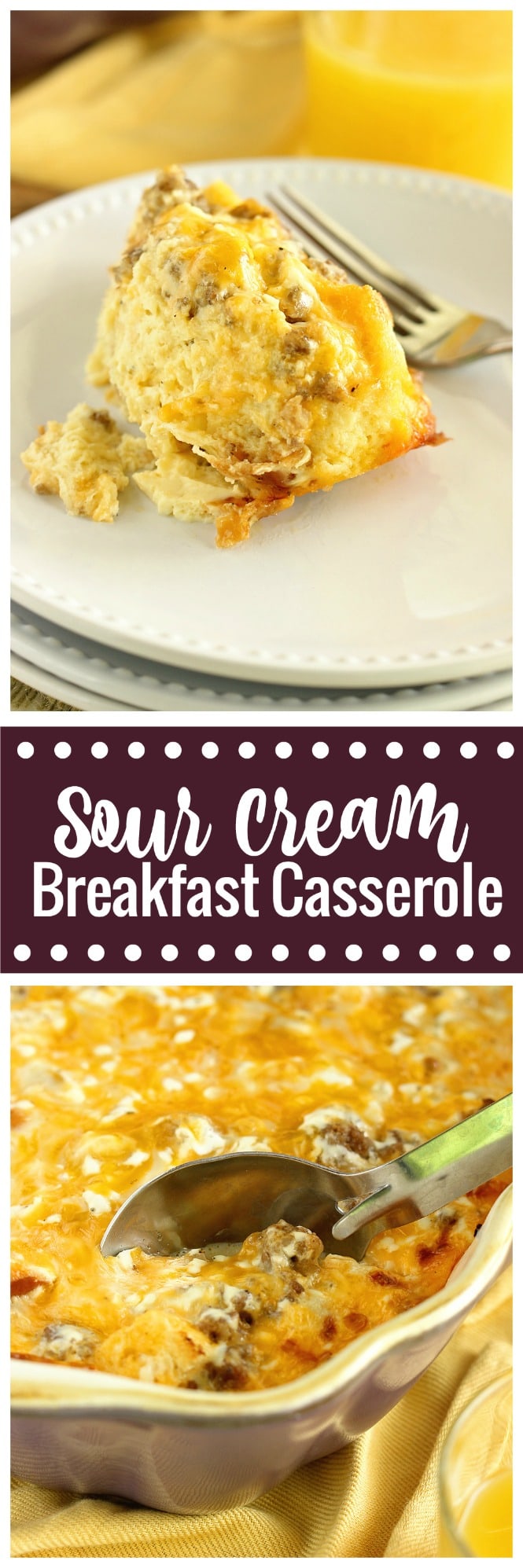 This Sour Cream Breakfast Casserole is one of the BEST yet! It is filled with layers of challah bread, breakfast sausage, eggs, sour cream, and cheese, and it is a perfect make-ahead idea!