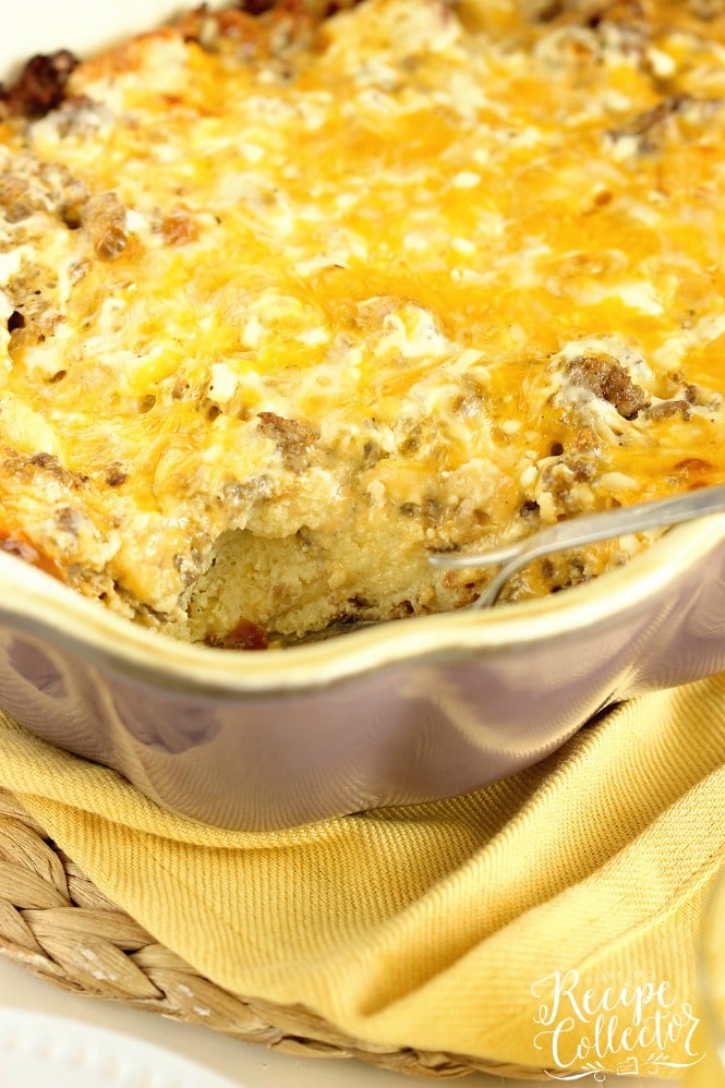 This Sour Cream Breakfast Casserole is one of the BEST yet! It is filled with layers of challah bread, breakfast sausage, eggs, sour cream, and cheese, and it is a perfect make-ahead idea!