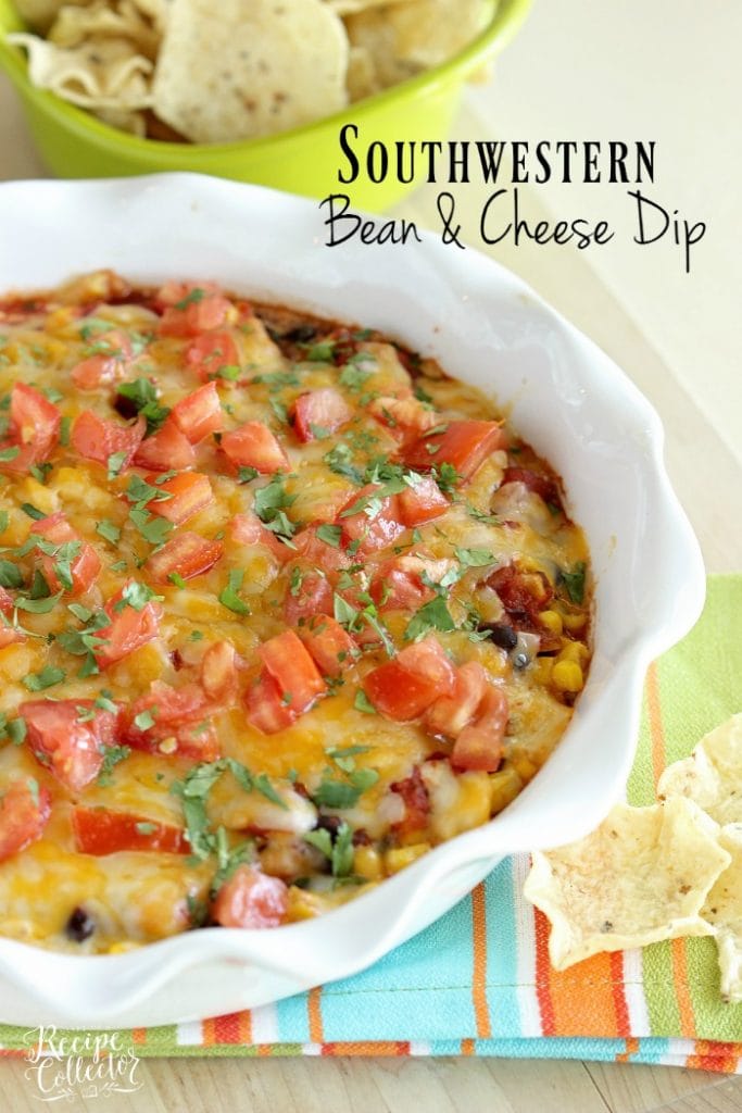 Southwestern Bean & Cheese Dip - A quick oven-baked dip made with layers of cream cheese, salsa, black beans, corn, melted cheese, tomatoes, and cilantro!