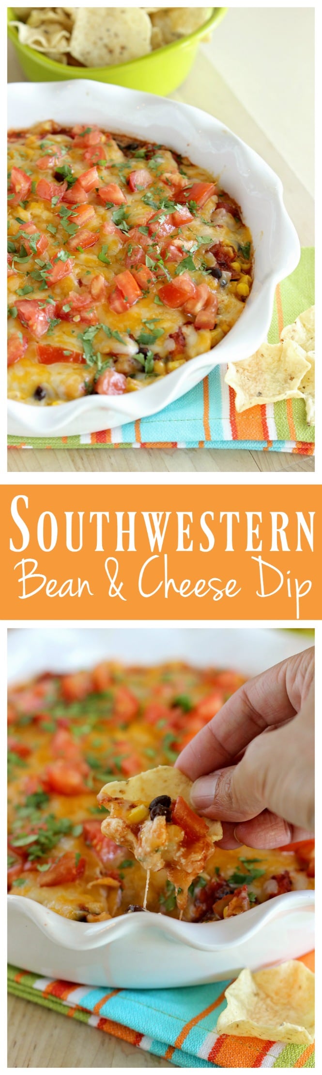 Southwestern Bean & Cheese Dip - A quick oven-baked dip made with layers of cream cheese, salsa, black beans, corn, melted cheese, tomatoes, and cilantro!