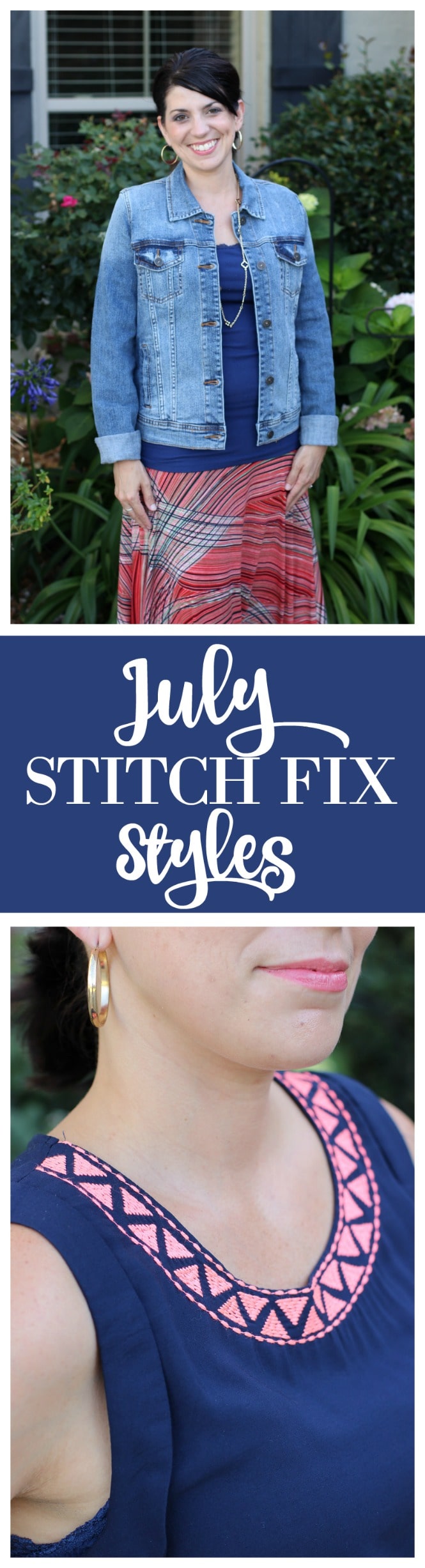 Stitch Fix Styles for July - Denim Morrie Boyfriend Jacket, Renee C Kira Printed Maxi Skirt, and Pixley Embroidered Top