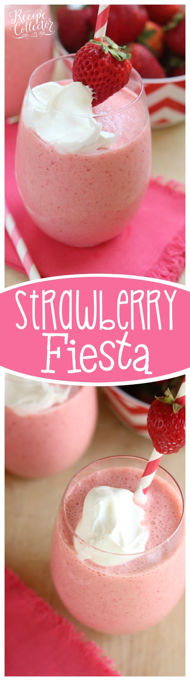 Strawberry Fiesta Daiquiri - A perfect summer cocktail made with frozen strawberries, pina colada mix, coconut rum, and cool whip!  It's a creamy, fun, and delicious drink perfect for summer parties by the pool.  Plus it can easily be made non-alcoholic too!