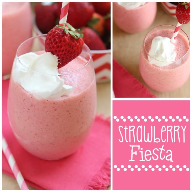 Strawberry Fiesta Daiquiri - A perfect summer cocktail made with frozen strawberries, pina colada mix, coconut rum, and cool whip!  It's a creamy, fun, and delicious drink perfect for summer parties by the pool.  Plus it can easily be made non-alcoholic too!