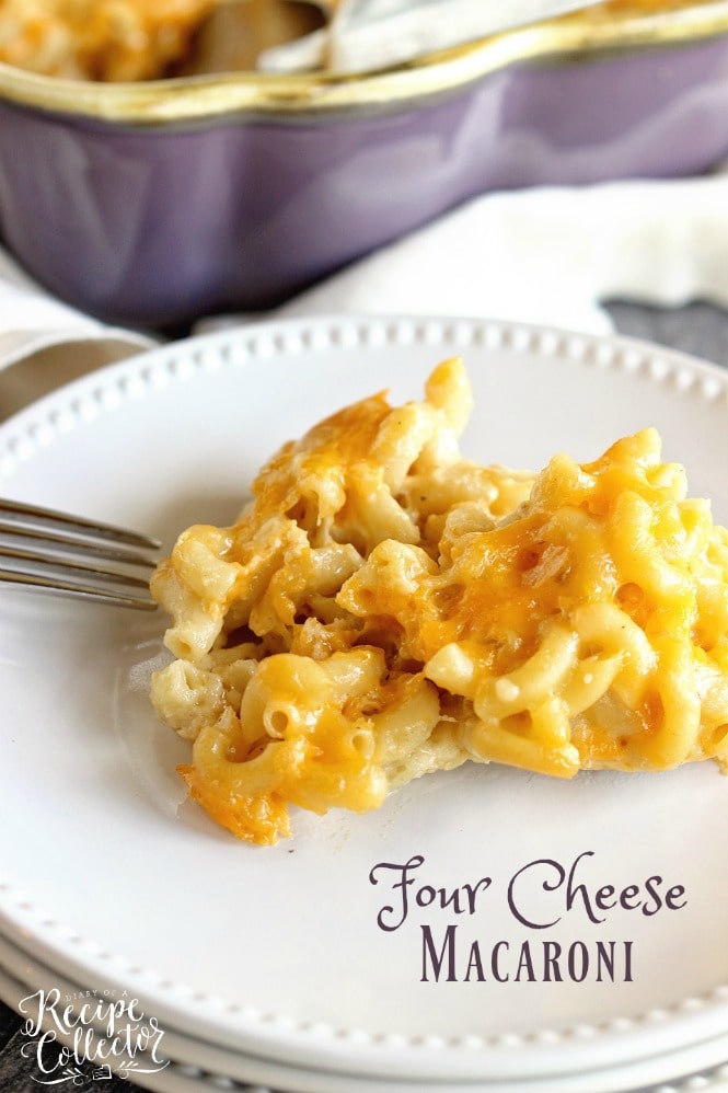 Four Cheese Macaroni - A delicious recipe for homemade macaroni filled with cheddar, muenster, pepperjack, and parmesan cheese!