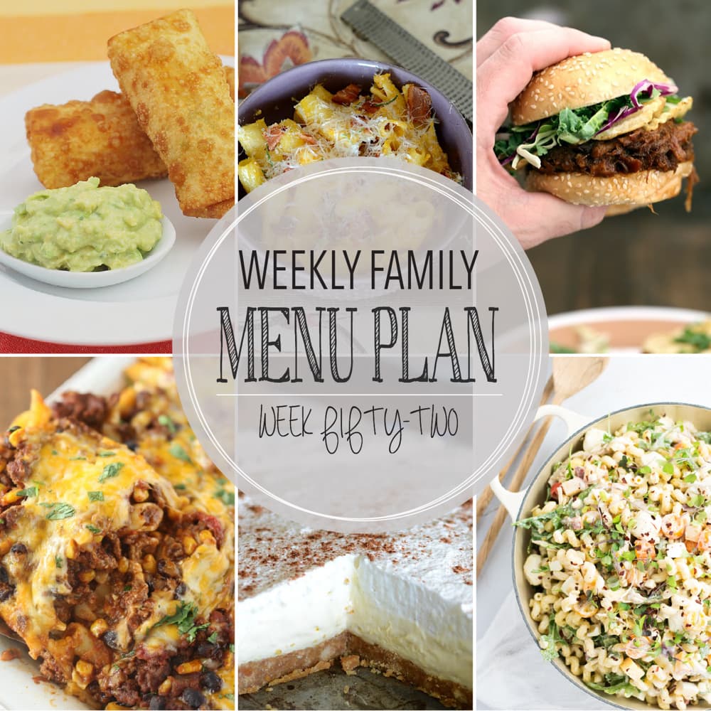 Weekly Family Meal Plan - Includes four weeknight meals, a side dish, a breakfast, a dessert, and a snack idea!!