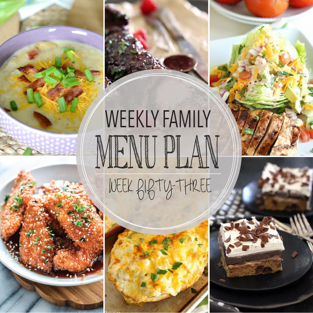 Weekly Family Meal Plan - Includes four weeknight meals, a side dish, a breakfast, a dessert, and a snack idea!!