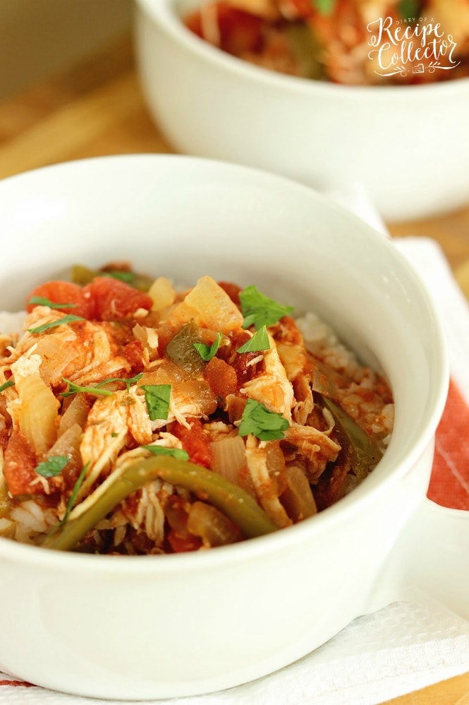 Crock Pot Chicken Cacciatore is a perfect slow cooker meal for a quick and easy weeknight dinner! Filled with tender shredded chicken, tomatoes, peppers, and onions.