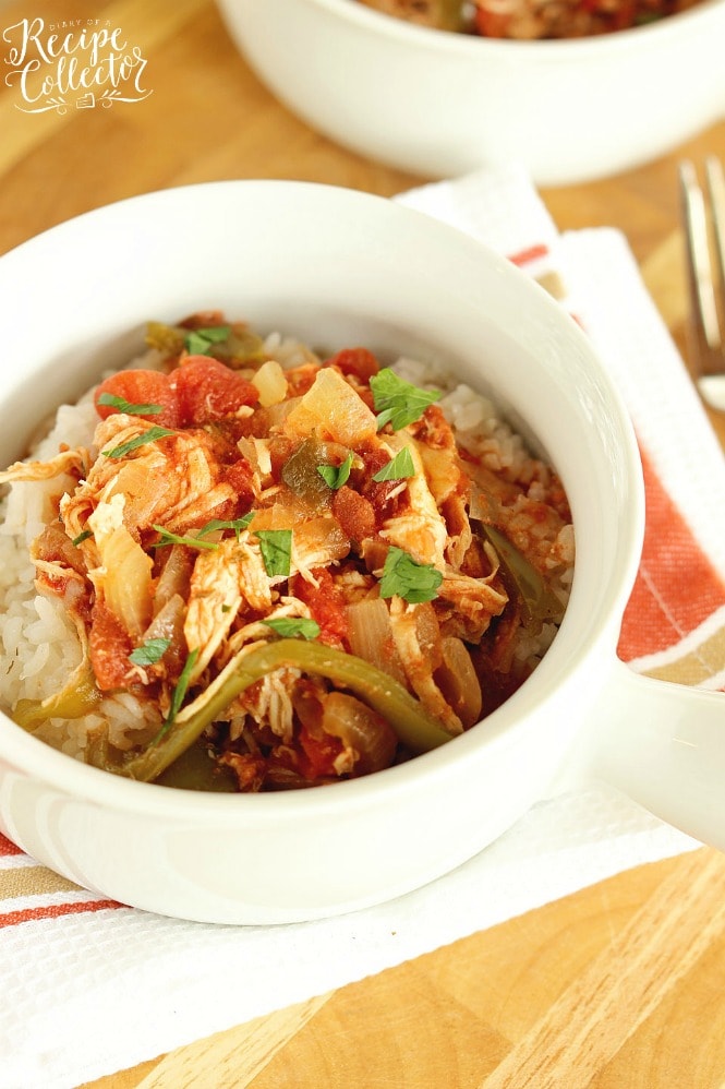 Crock Pot Chicken Cacciatore is a perfect slow cooker meal for a quick and easy weeknight dinner! Filled with tender shredded chicken, tomatoes, peppers, and onions.