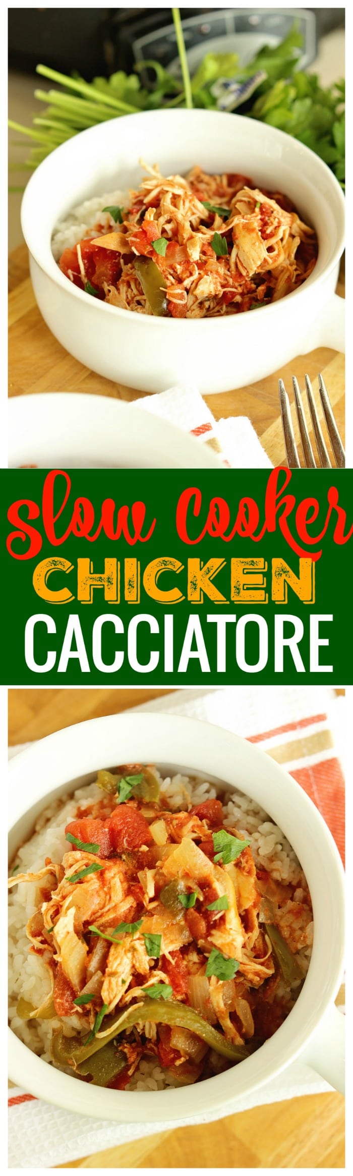 Crock Pot Chicken Cacciatore is a perfect slow cooker meal for a quick and easy weeknight dinner! Filled with tender shredded chicken, tomatoes, peppers, and onions.