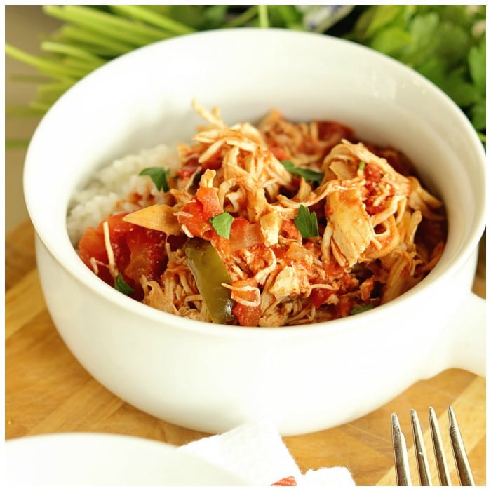 Crock Pot Chicken Cacciatore is a perfect slow cooker meal for a quick and easy weeknight dinner! Filled with tender shredded chicken, tomatoes, peppers, and onions.