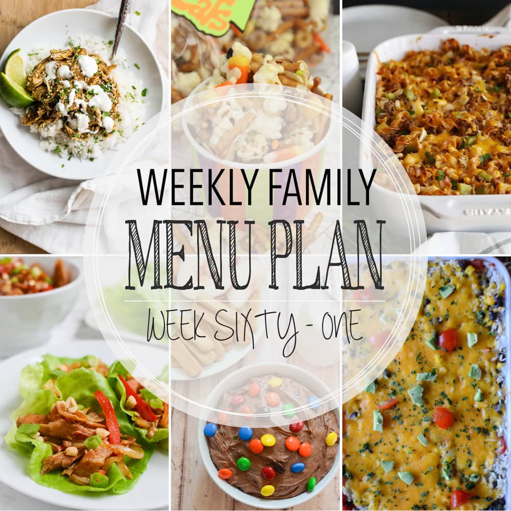 Weekly Family Meal Plan now featuring 4 main dishes, a seasonal recipe, a soup, and two desserts.