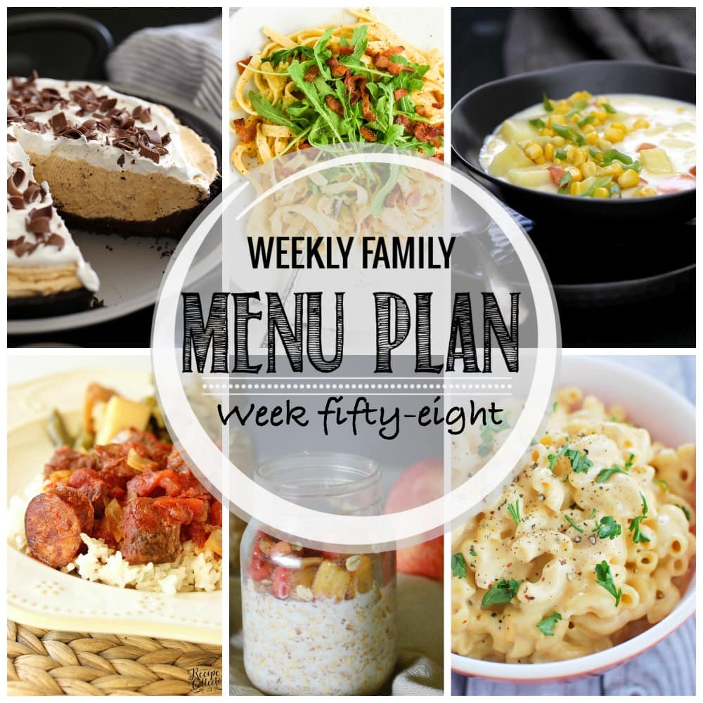 Weekly Family Meal Plan - Includes four weeknight meals, a side dish, a breakfast, a dessert, and a snack idea!!