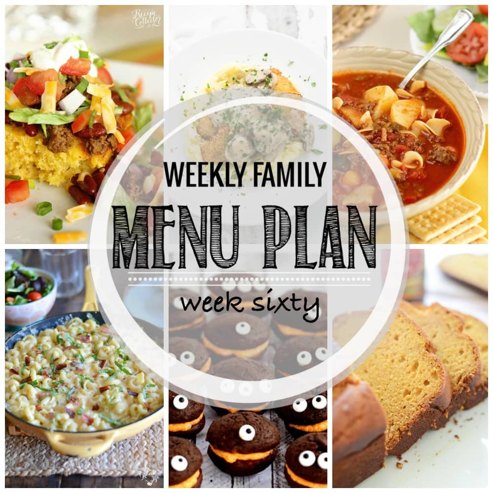 Weekly Family Meal Plan now featuring 4 main dishes, a seasonal recipe, a soup, and two desserts.