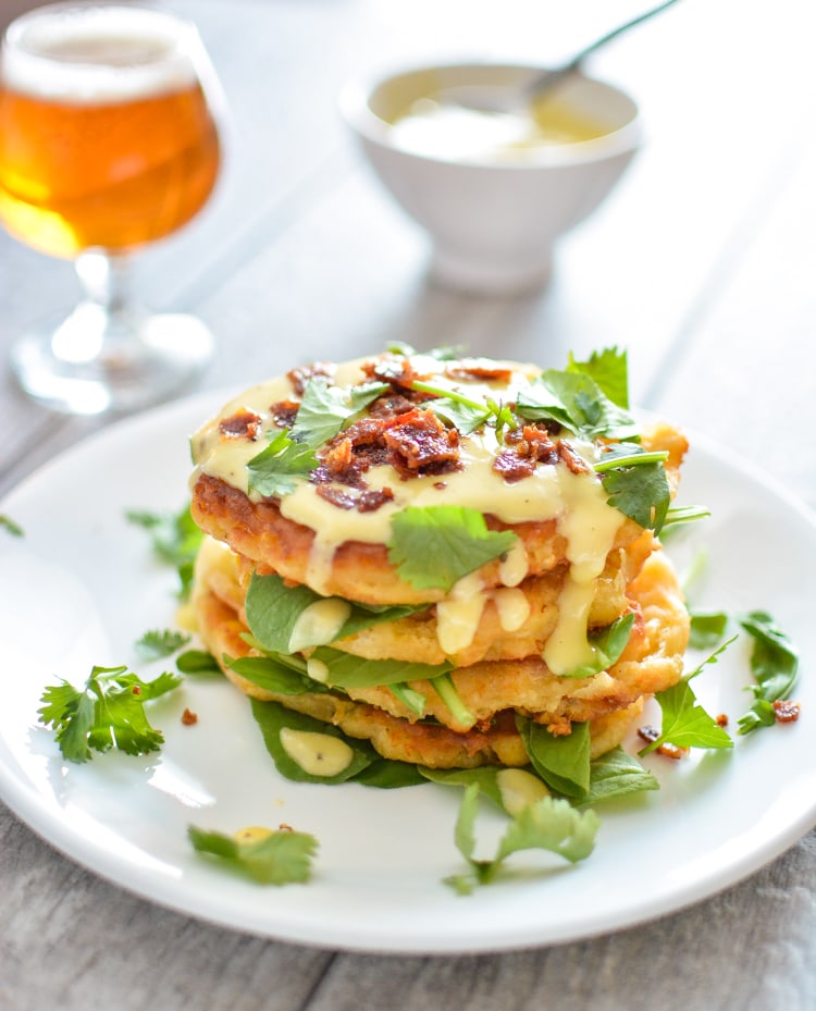 Butternut Squash Cheesy Corn Cakes with Gruyere Hollandaise