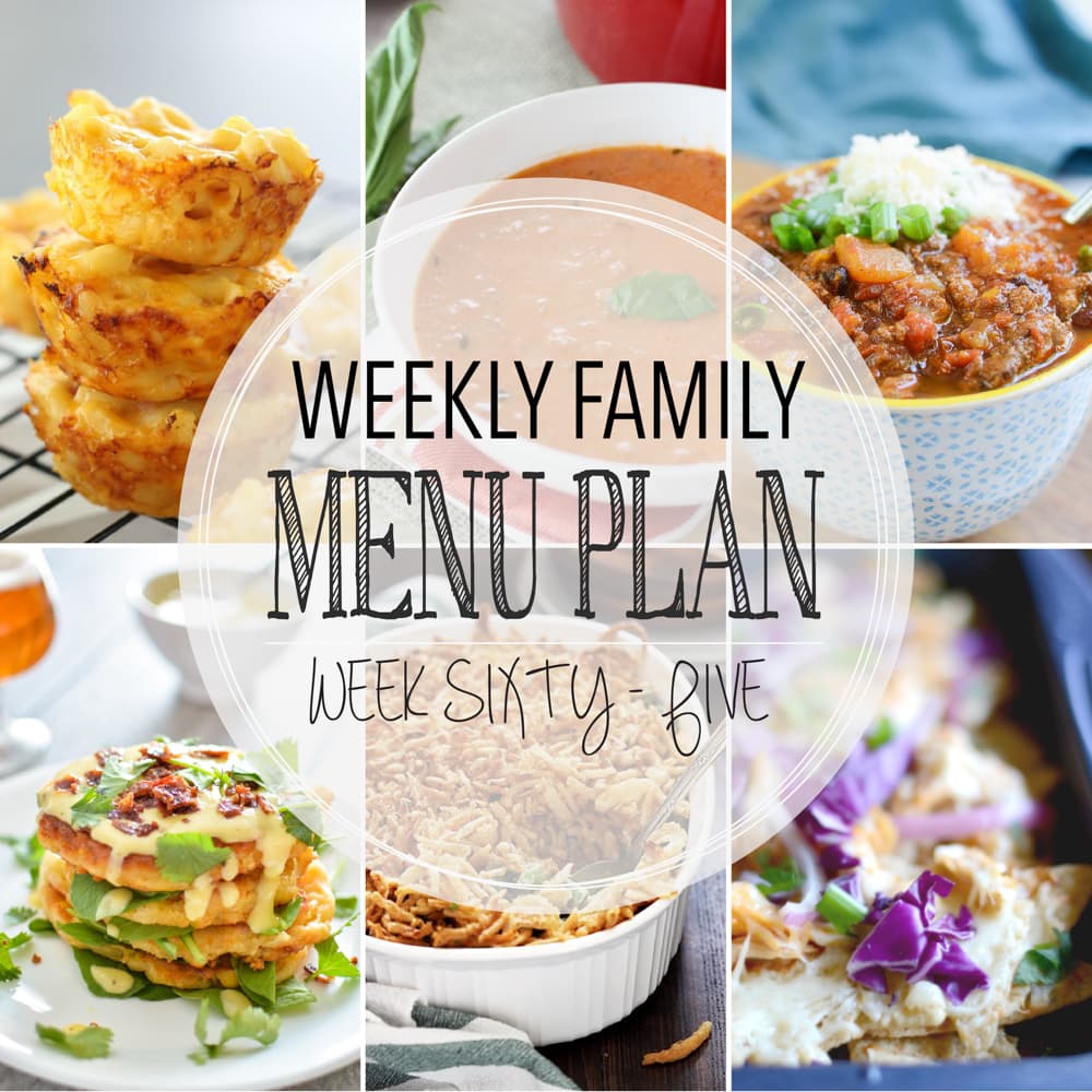 Weekly Family Meal Plan now featuring 4 main dishes, a seasonal recipe, a soup, and two desserts.