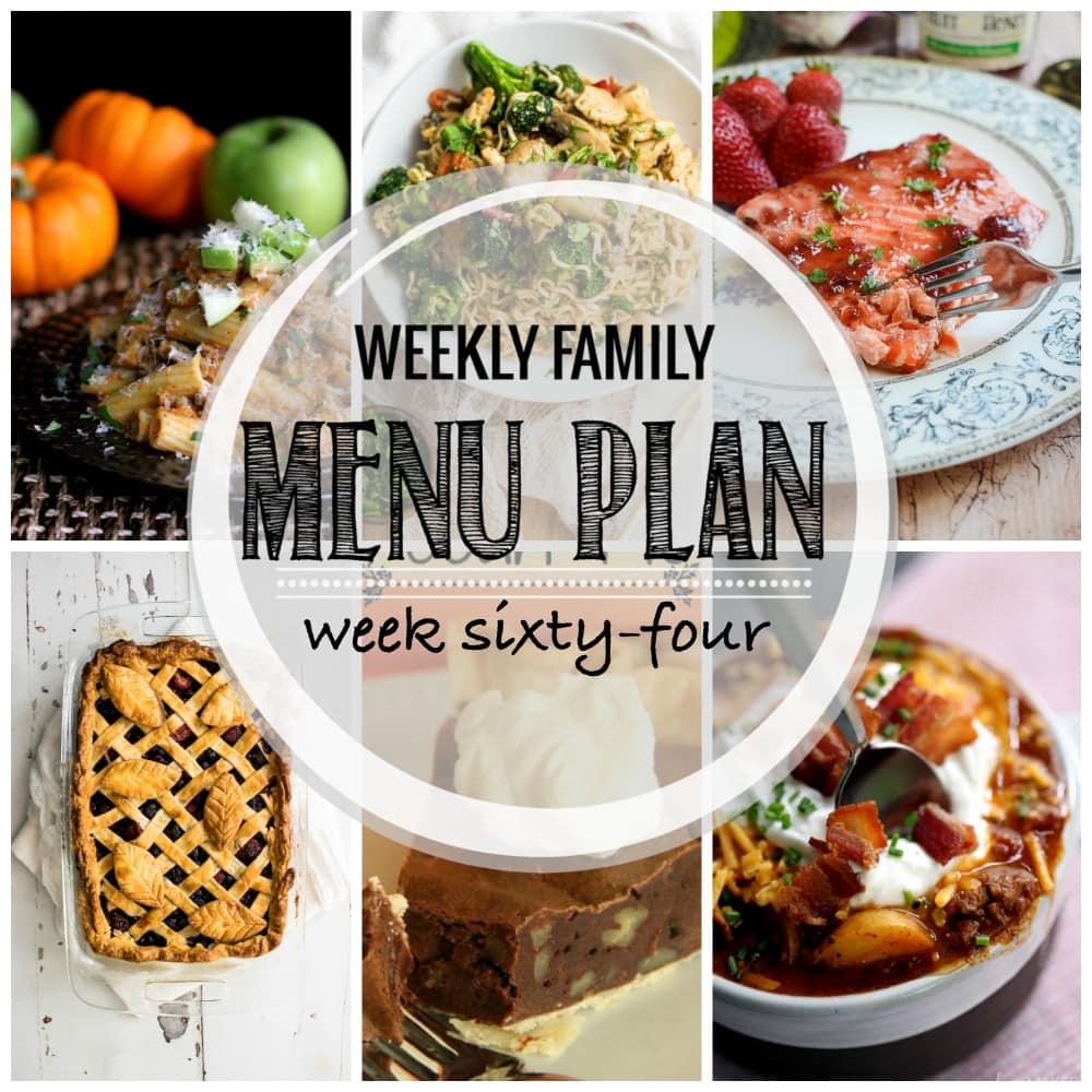 Weekly Family Meal Plan now featuring 4 main dishes, a seasonal recipe, a soup, and two desserts.